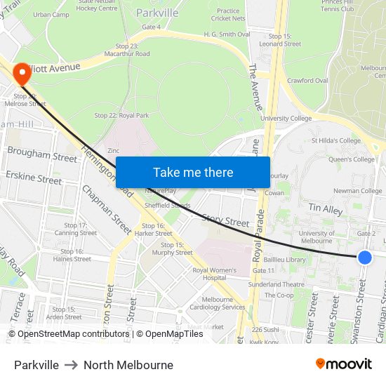 Parkville to North Melbourne map