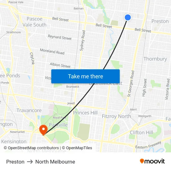 Preston to North Melbourne map