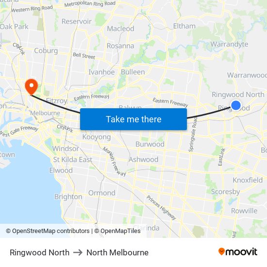 Ringwood North to North Melbourne map