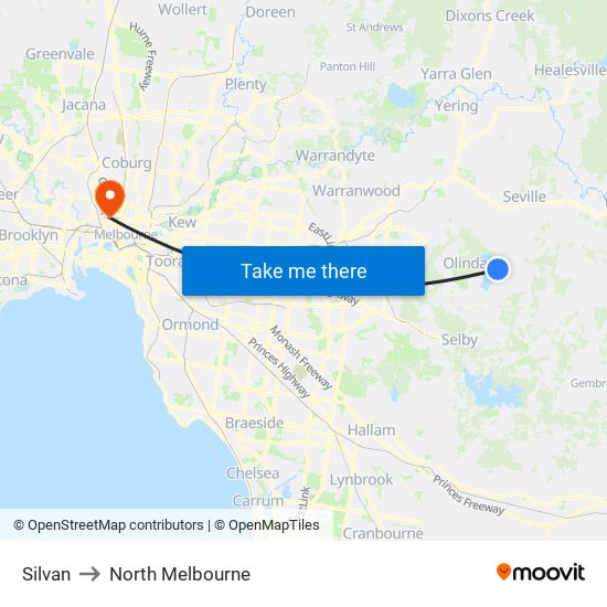 Silvan to North Melbourne map