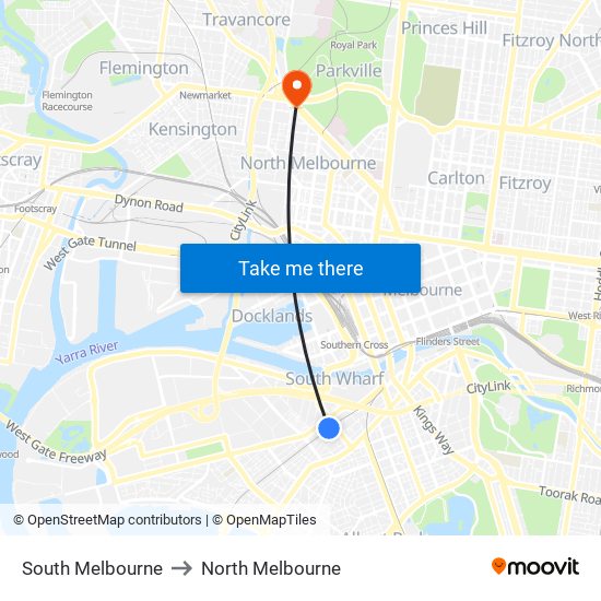 South Melbourne to North Melbourne map