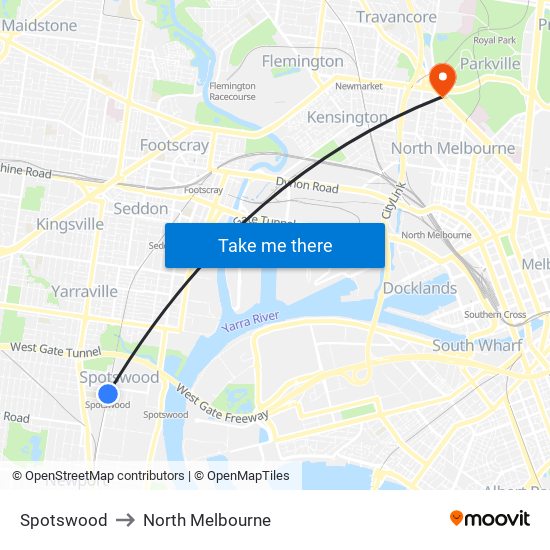 Spotswood to North Melbourne map