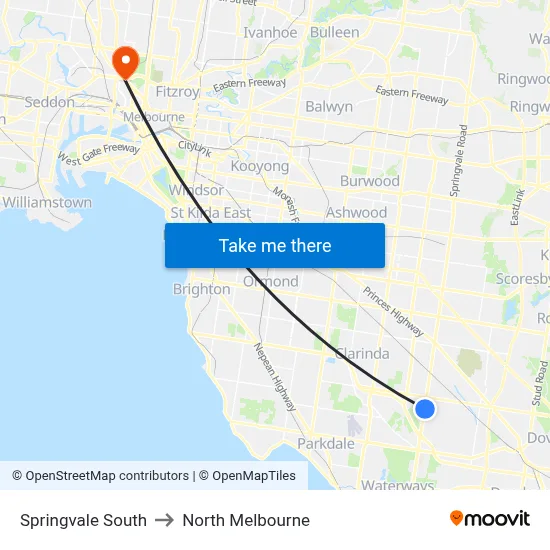 Springvale South to North Melbourne map