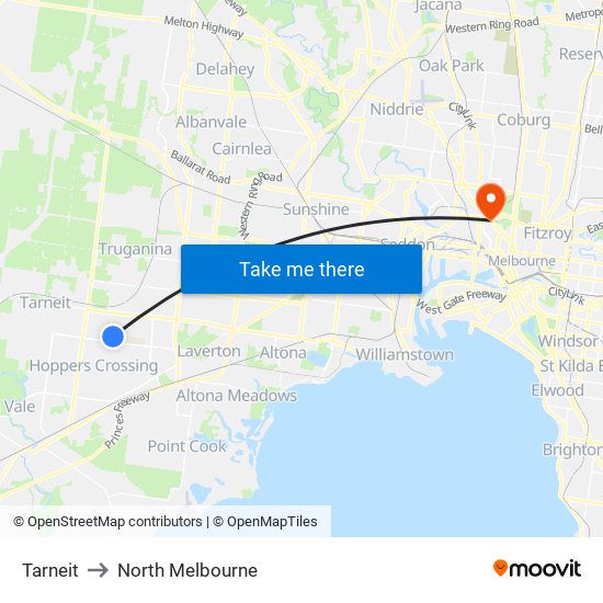 Tarneit to North Melbourne map