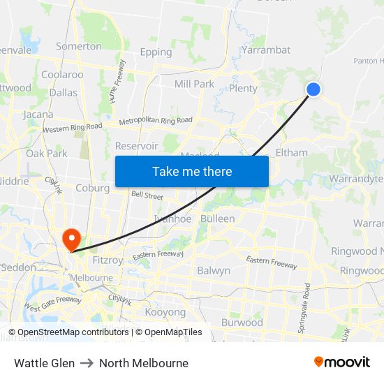 Wattle Glen to North Melbourne map