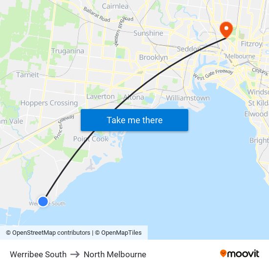Werribee South to North Melbourne map