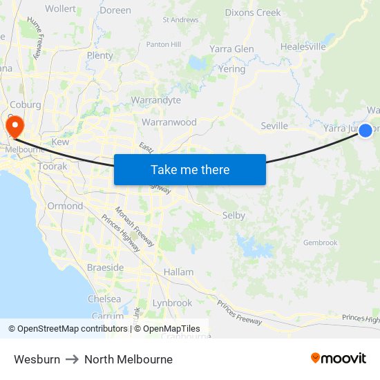 Wesburn to North Melbourne map