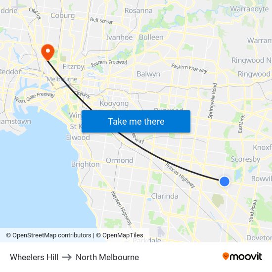 Wheelers Hill to North Melbourne map