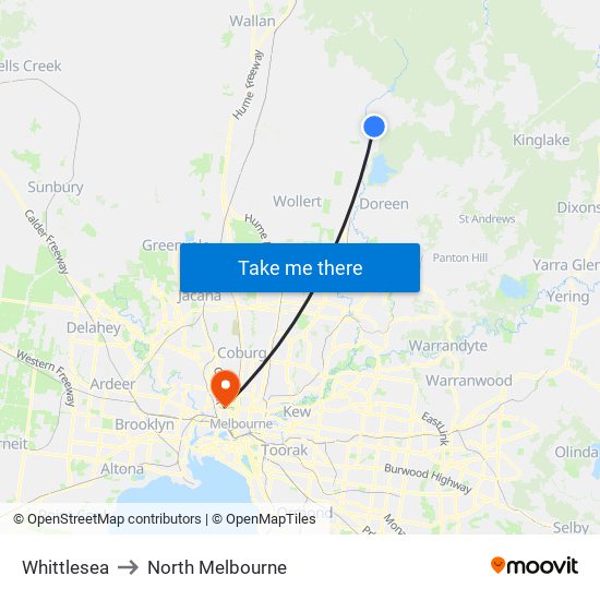 Whittlesea to North Melbourne map