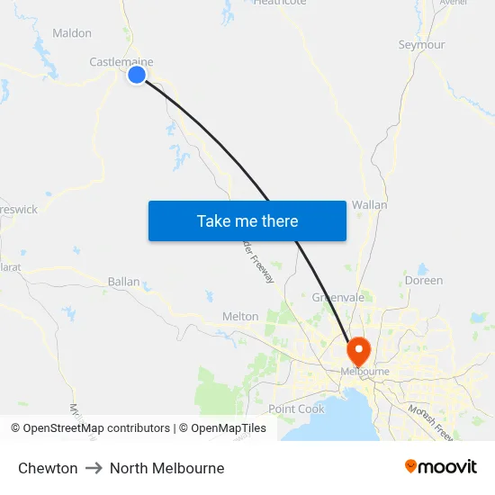 Chewton to North Melbourne map