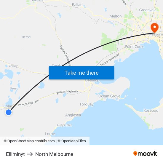 Elliminyt to North Melbourne map