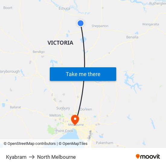 Kyabram to North Melbourne map