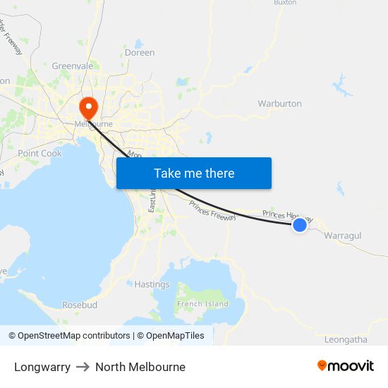 Longwarry to North Melbourne map