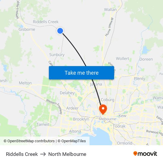 Riddells Creek to North Melbourne map