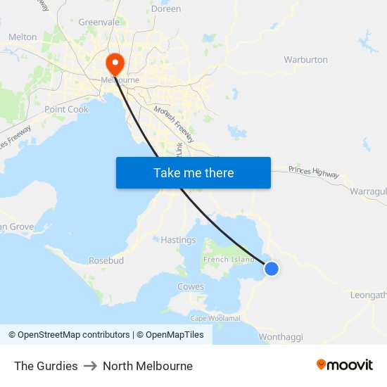 The Gurdies to North Melbourne map