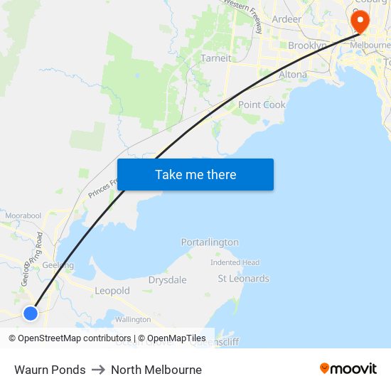 Waurn Ponds to North Melbourne map