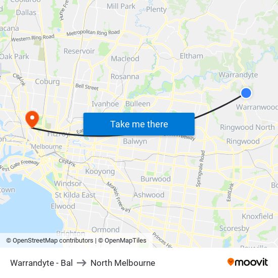 Warrandyte - Bal to North Melbourne map