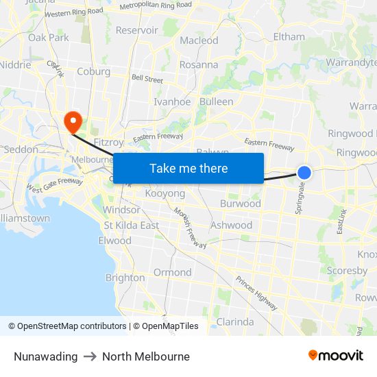 Nunawading to North Melbourne map