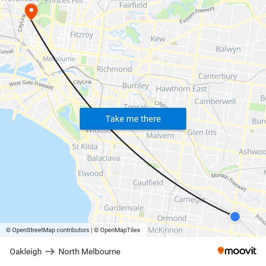 Oakleigh to North Melbourne map