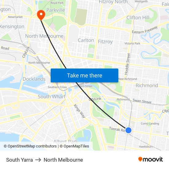 South Yarra to North Melbourne map