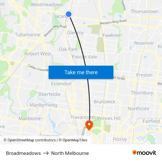 Broadmeadows to North Melbourne map