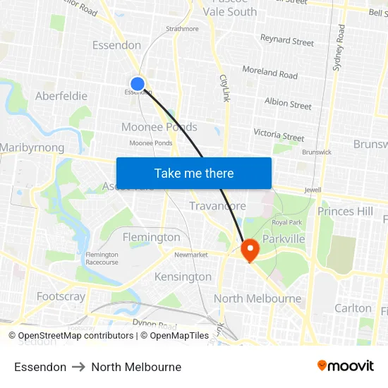 Essendon to North Melbourne map