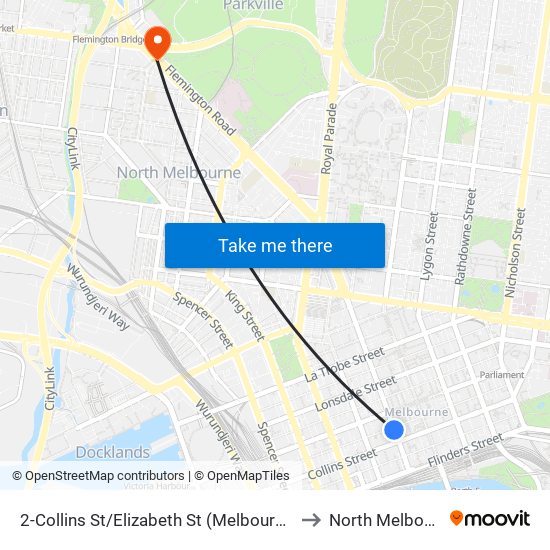 2-Collins St/Elizabeth St (Melbourne City) to North Melbourne map