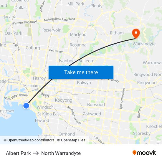 Albert Park to North Warrandyte map