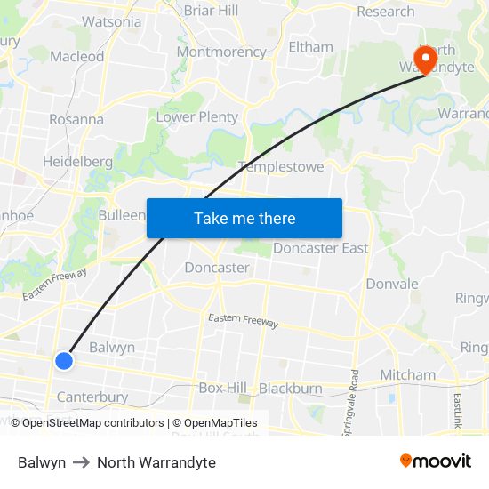 Balwyn to North Warrandyte map