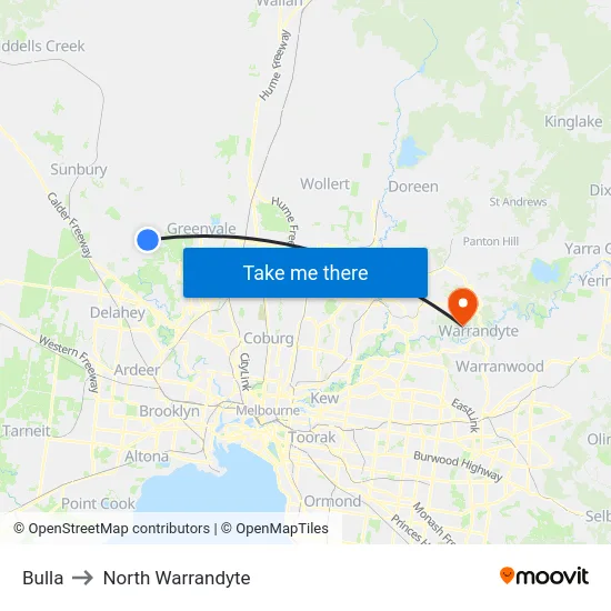 Bulla to North Warrandyte map