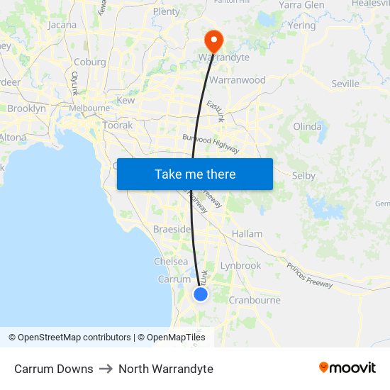 Carrum Downs to North Warrandyte map