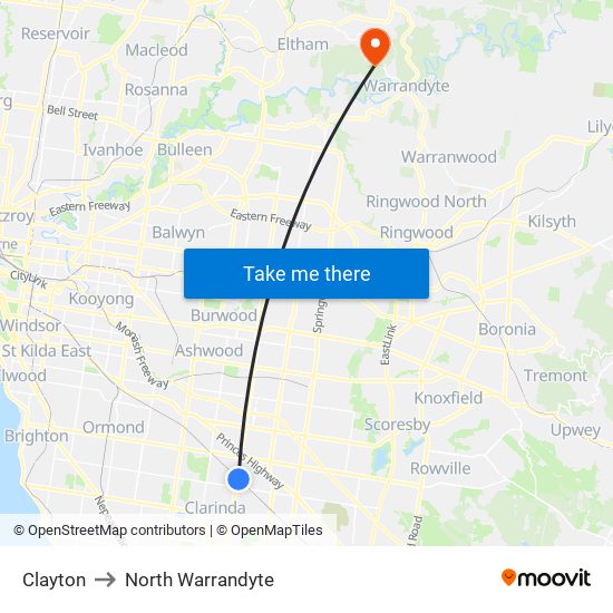 Clayton to North Warrandyte map