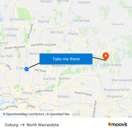 Coburg to North Warrandyte map