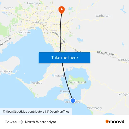 Cowes to North Warrandyte map