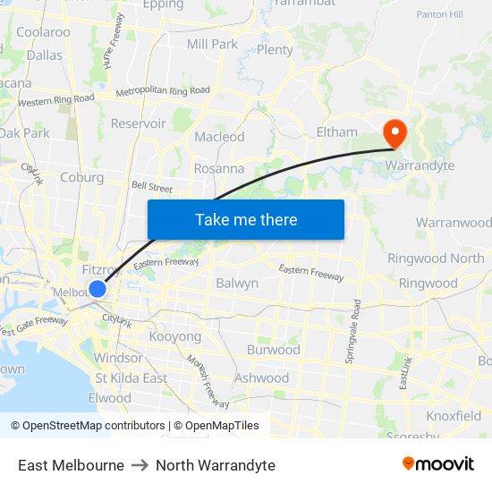 East Melbourne to North Warrandyte map