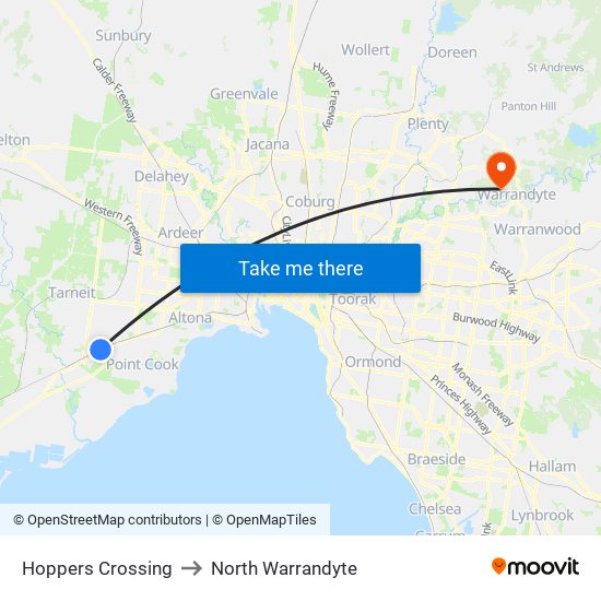 Hoppers Crossing to North Warrandyte map