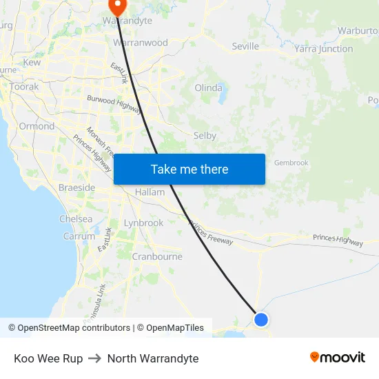 Koo Wee Rup to North Warrandyte map