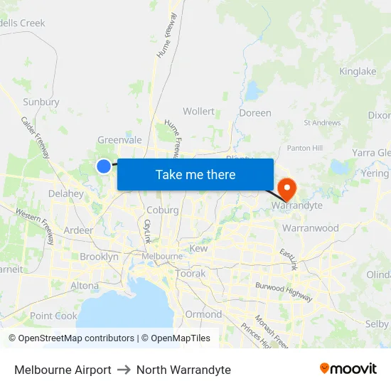 Melbourne Airport to North Warrandyte map