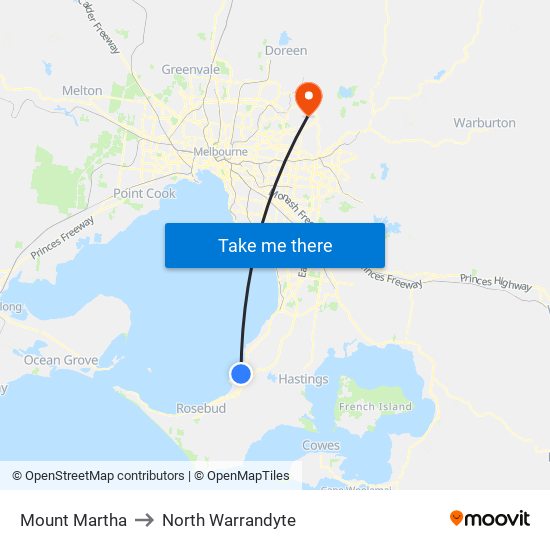 Mount Martha to North Warrandyte map