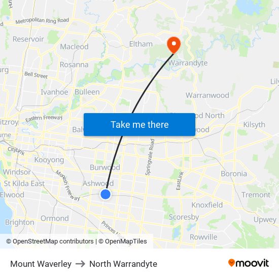 Mount Waverley to North Warrandyte map