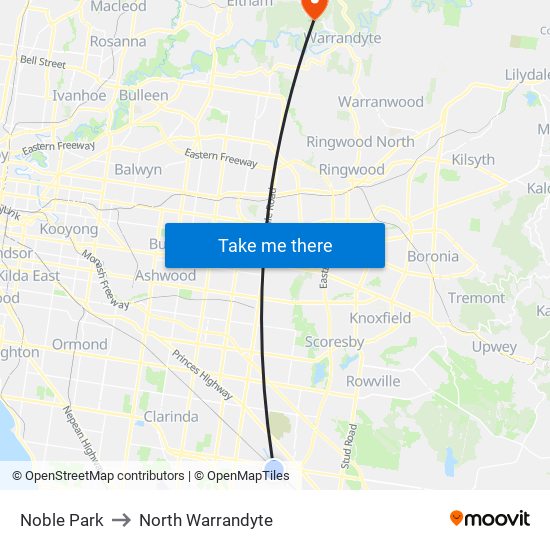 Noble Park to North Warrandyte map