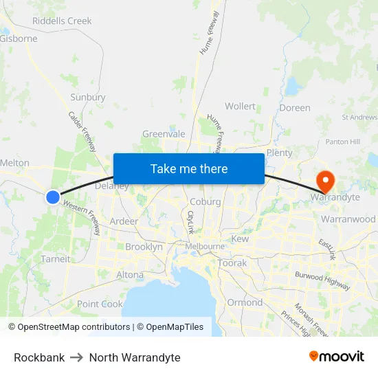Rockbank to North Warrandyte map