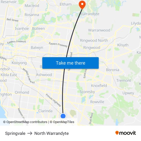 Springvale to North Warrandyte map