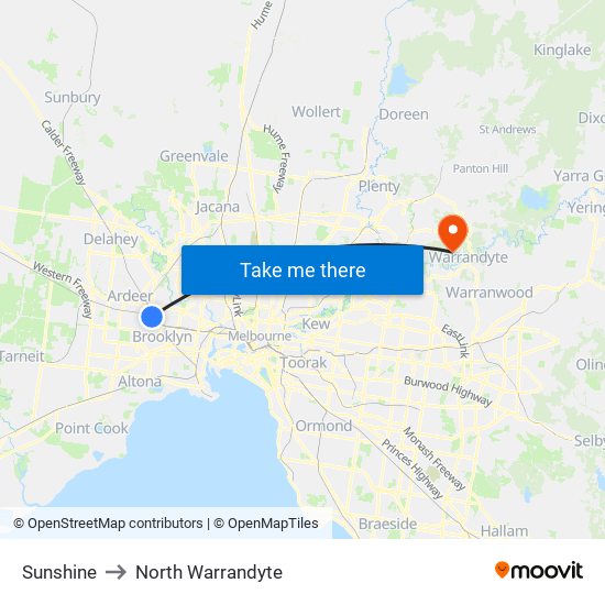 Sunshine to North Warrandyte map