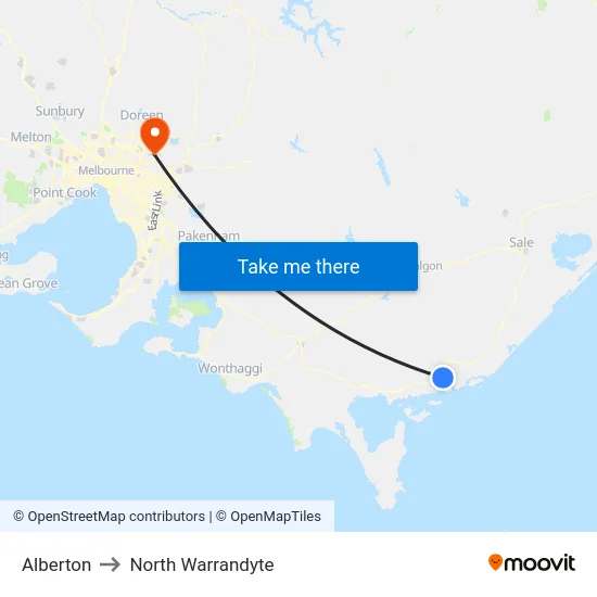 Alberton to North Warrandyte map