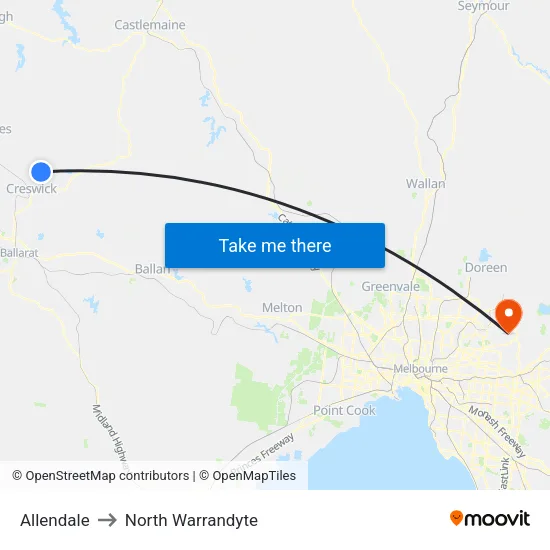 Allendale to North Warrandyte map