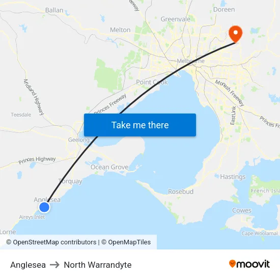 Anglesea to North Warrandyte map