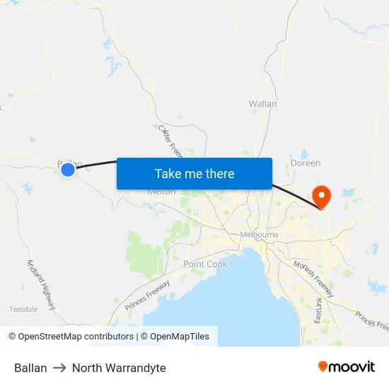 Ballan to North Warrandyte map