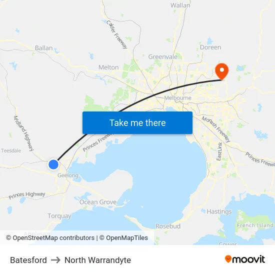 Batesford to North Warrandyte map