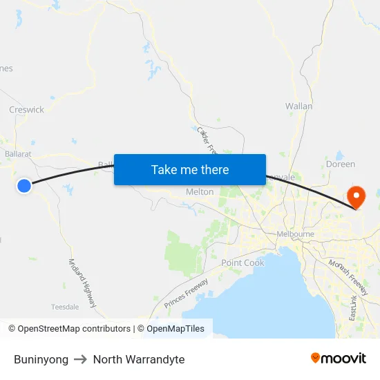 Buninyong to North Warrandyte map